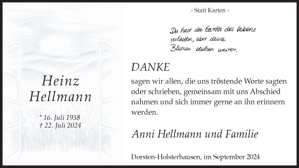  Traueranzeige für Heinz Hellmann vom 28.09.2024 aus Ruhr Nachrichten und Dorstener Zeitung