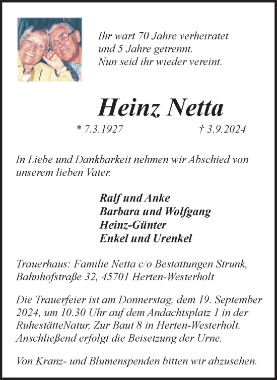 Traueranzeige von Heinz Netta von Trauer Vest