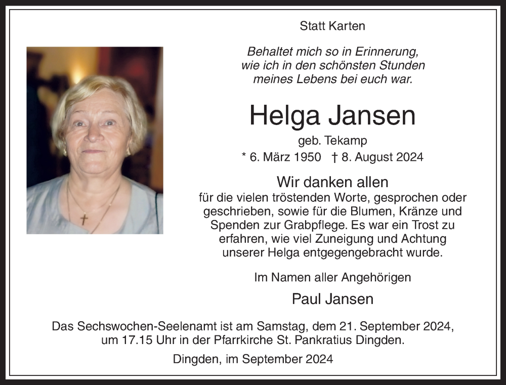  Traueranzeige für Helga Jansen vom 17.09.2024 aus Bocholter-Borkener Volksblatt