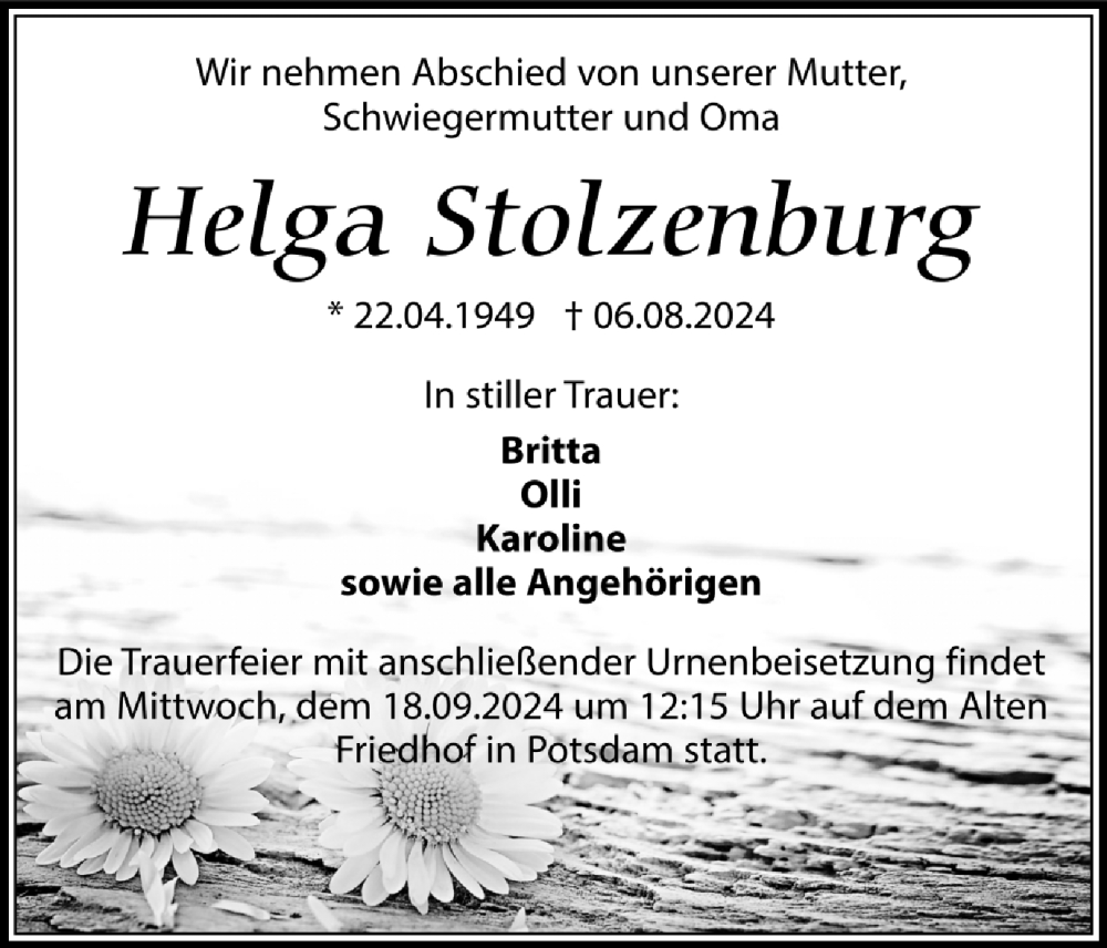  Traueranzeige für Helga Stolzenburg vom 07.09.2024 aus Hellweger Anzeiger