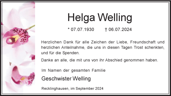 Traueranzeige von Helga Welling von Trauer Vest