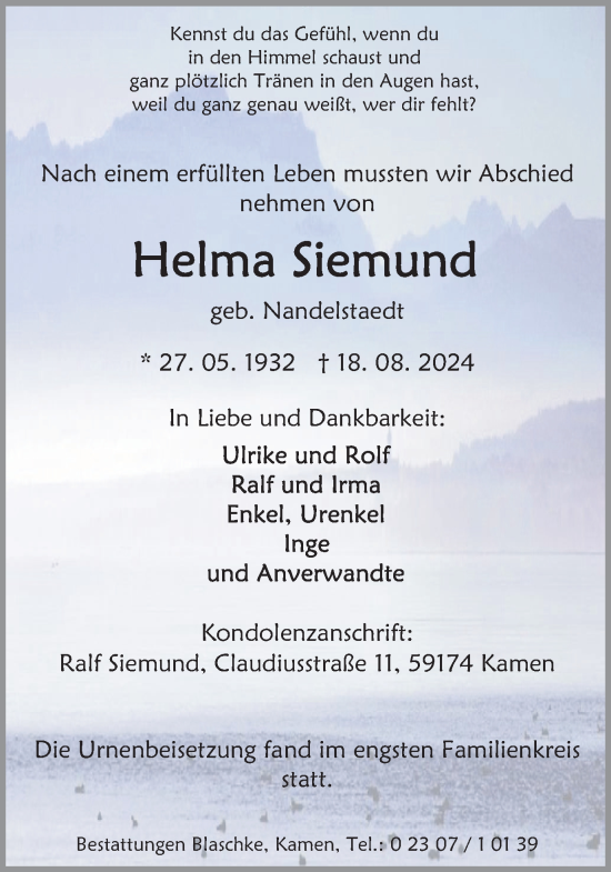 Traueranzeige von Helma Siemund von Hellweger Anzeiger