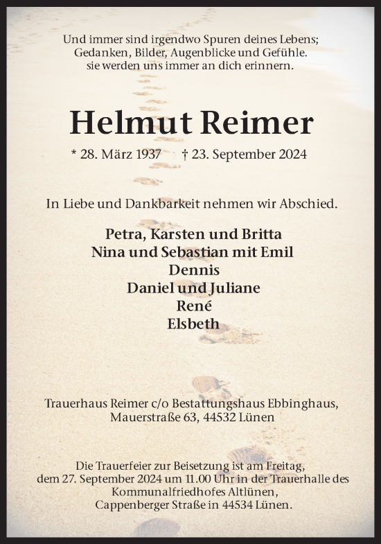 Traueranzeige von Helmut Reimer von Ruhr Nachrichten