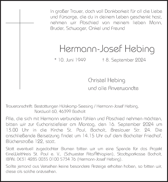 Traueranzeige von Hermann-Josef Hebing von Bocholter-Borkener Volksblatt