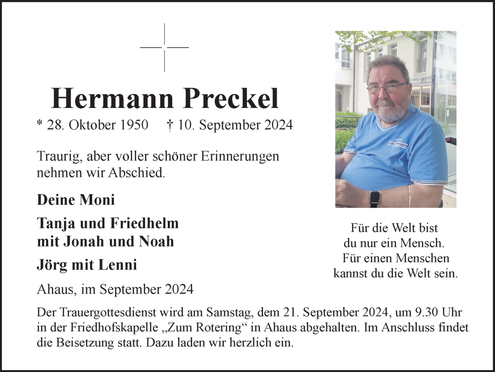  Traueranzeige für Hermann Preckel vom 14.09.2024 aus Münsterland Zeitung