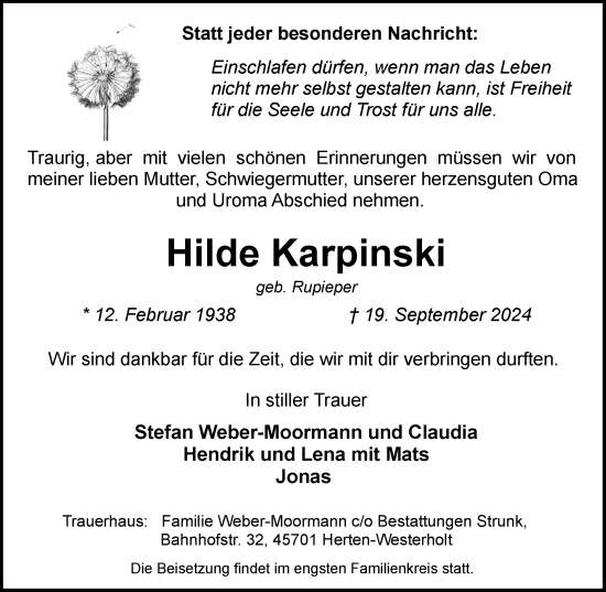 Traueranzeige von Hilde Karpinski von Trauer Vest