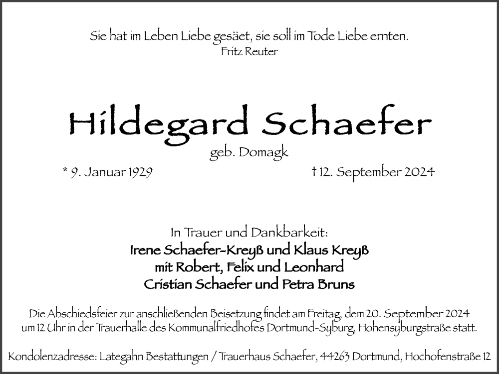  Traueranzeige für Hildegard Schaefer vom 18.09.2024 aus Ruhr Nachrichten