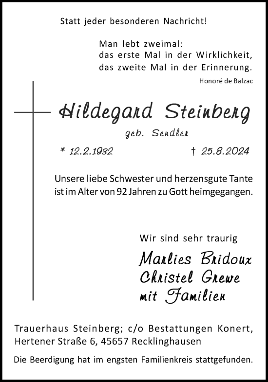 Traueranzeige von Hildegard Steinberg von Trauer Vest