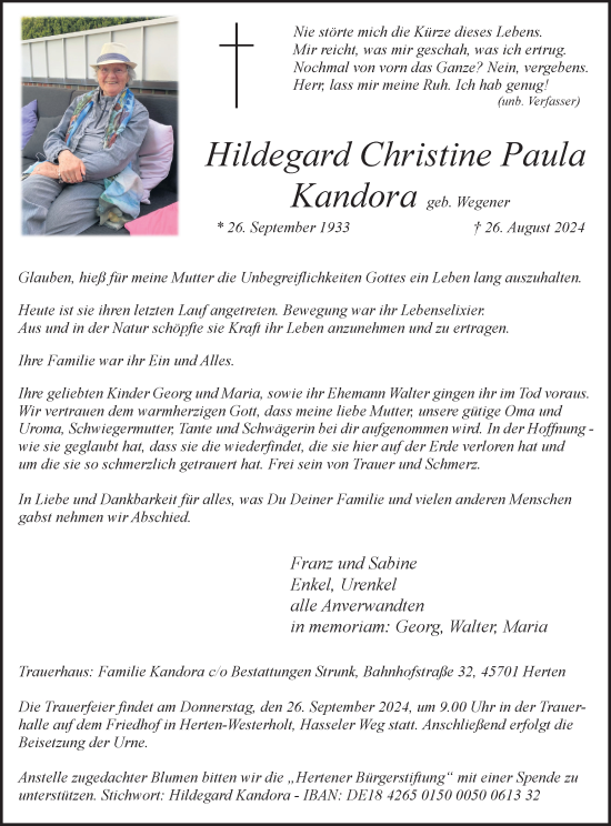 Traueranzeige von Hildegard Christine Paula Kandora von Trauer Vest