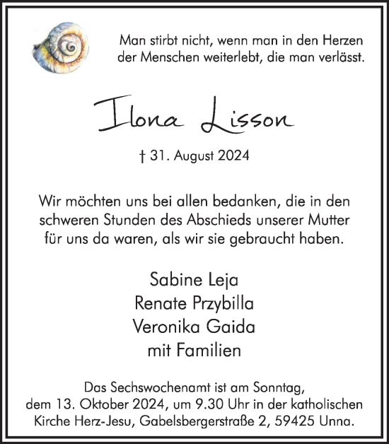 Traueranzeige von Ilona Lisson von Hellweger Anzeiger