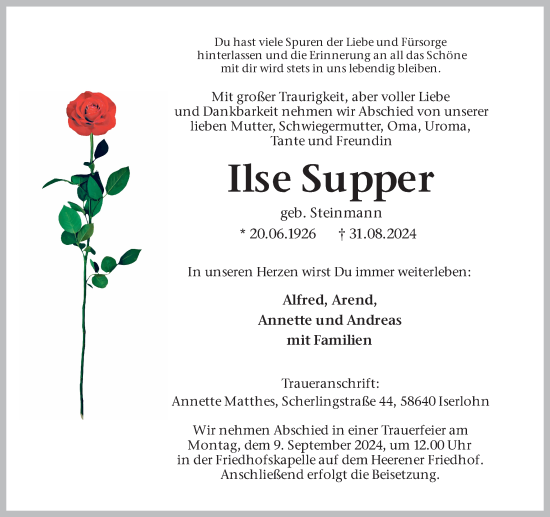 Traueranzeige von Ilse Supper von Hellweger Anzeiger