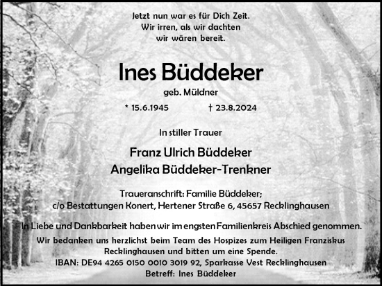 Traueranzeige von Ines Büddeker von Trauer Vest