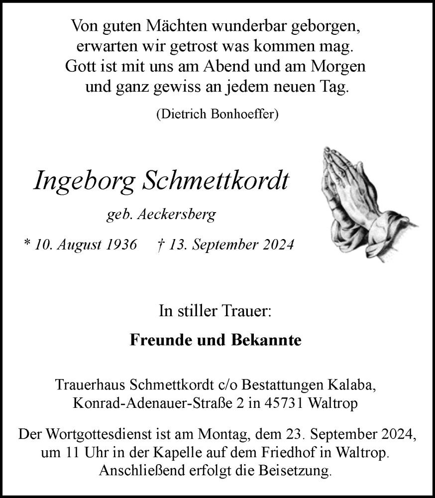  Traueranzeige für Ingeborg Schmettkordt vom 21.09.2024 aus Trauer Vest