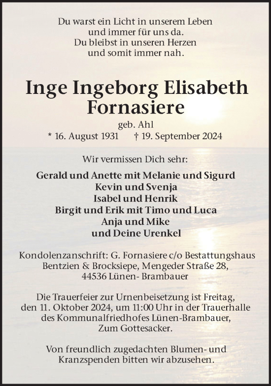 Traueranzeige von Inge Ingeborg Elisabeth Fornasiere von Lüner Anzeiger