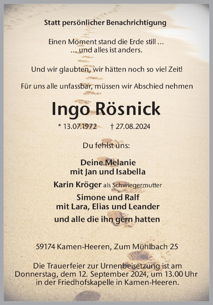  Traueranzeige für Ingo Rösnick vom 07.09.2024 aus Hellweger Anzeiger