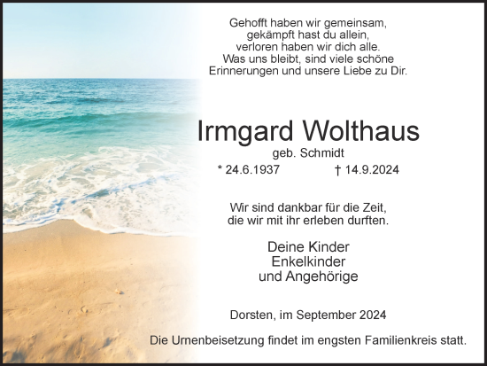 Traueranzeige von Irmgard Wolthaus von Ruhr Nachrichten und Dorstener Zeitung