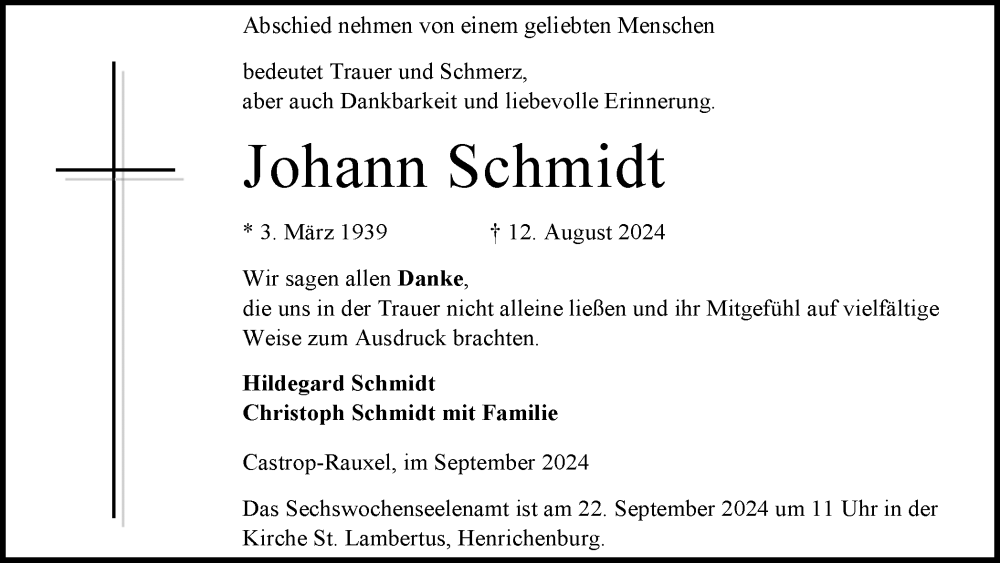  Traueranzeige für Johann Schmidt vom 14.09.2024 aus Ruhr Nachrichten