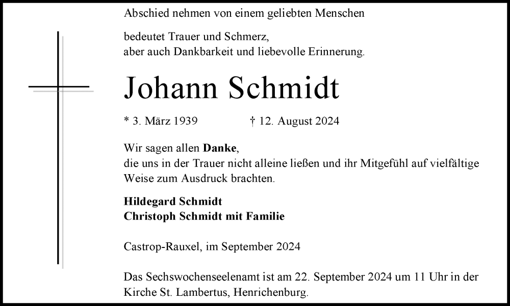  Traueranzeige für Johann Schmidt vom 14.09.2024 aus Stadtanzeiger Castrop-Rauxel