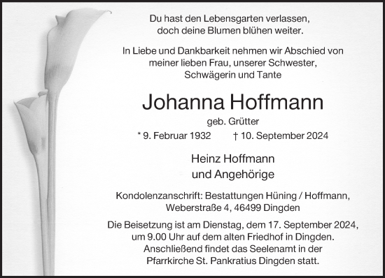 Traueranzeige von Johanna Hoffmann von Bocholter-Borkener Volksblatt