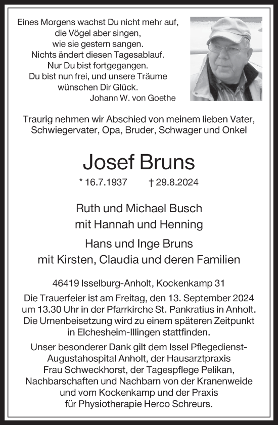 Traueranzeige von Josef Bruns von Bocholter-Borkener Volksblatt