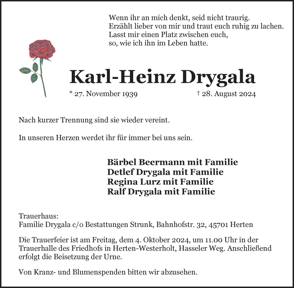  Traueranzeige für Karl-Heinz Drygala vom 07.09.2024 aus Trauer Vest