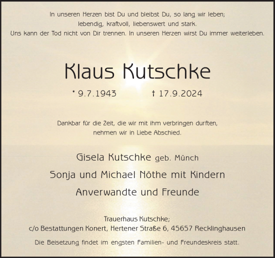 Traueranzeige von Klaus Kutschke von Trauer Vest