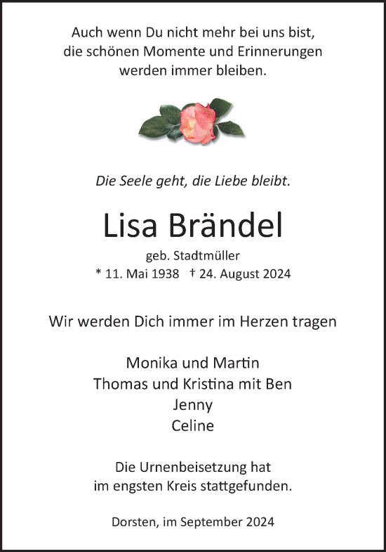 Traueranzeige von Lisa Brändel von Ruhr Nachrichten und Dorstener Zeitung