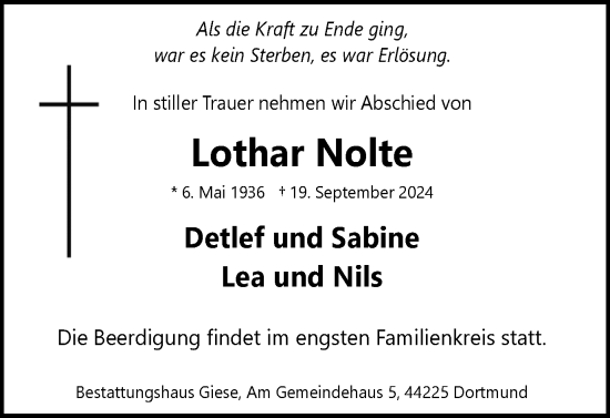 Traueranzeige von Lothar Nolte von Ruhr Nachrichten