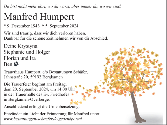 Traueranzeige von Manfred Humpert  von Hellweger Anzeiger