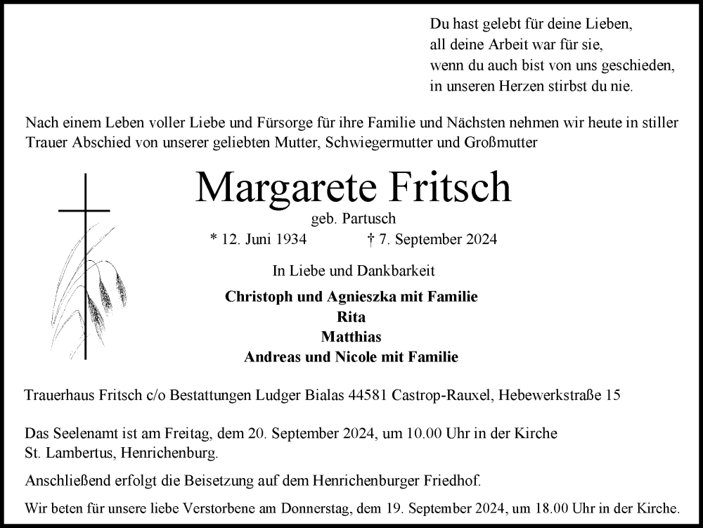  Traueranzeige für Margarete Fritsch vom 17.09.2024 aus Ruhr Nachrichten