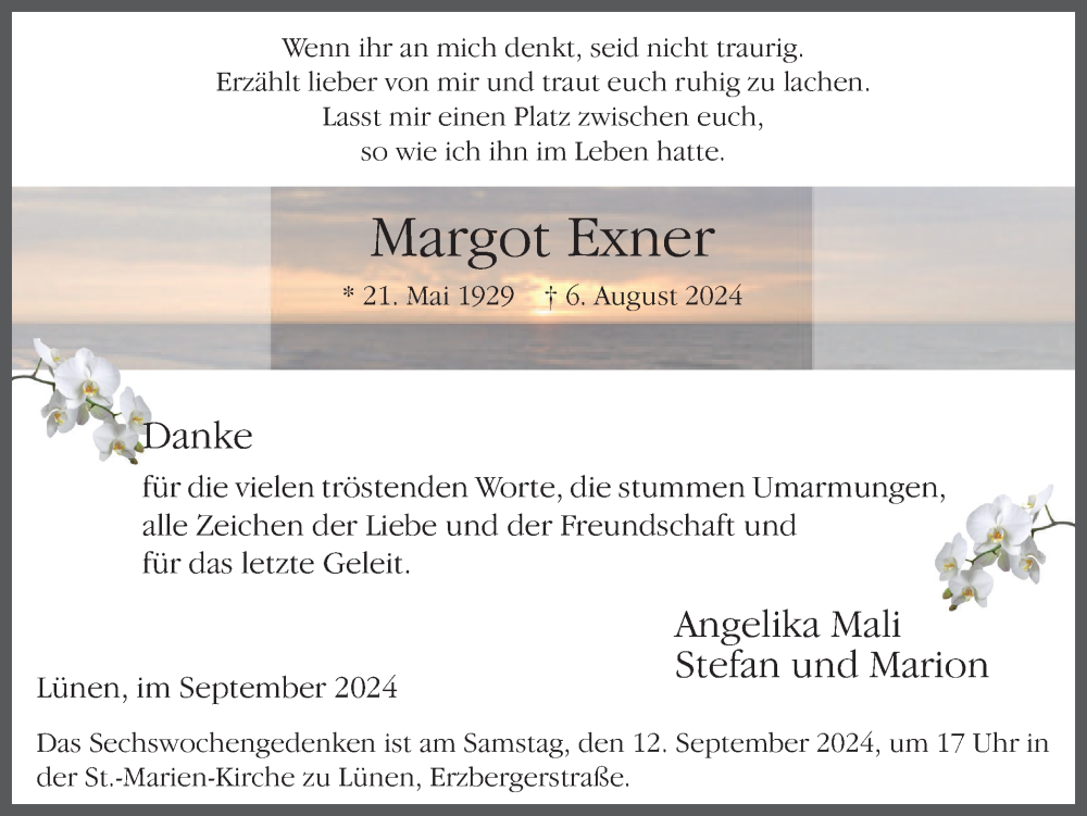  Traueranzeige für Margot Exner vom 07.09.2024 aus Lüner Anzeiger