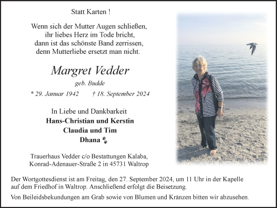 Traueranzeige von Margret Vedder von Trauer Vest