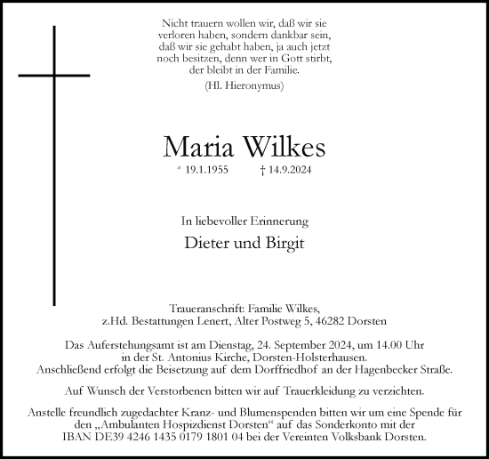 Traueranzeige von Maria Wilkes von Ruhr Nachrichten und Dorstener Zeitung