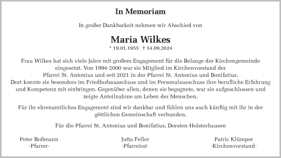 Traueranzeige von Maria Wilkes von Ruhr Nachrichten und Dorstener Zeitung