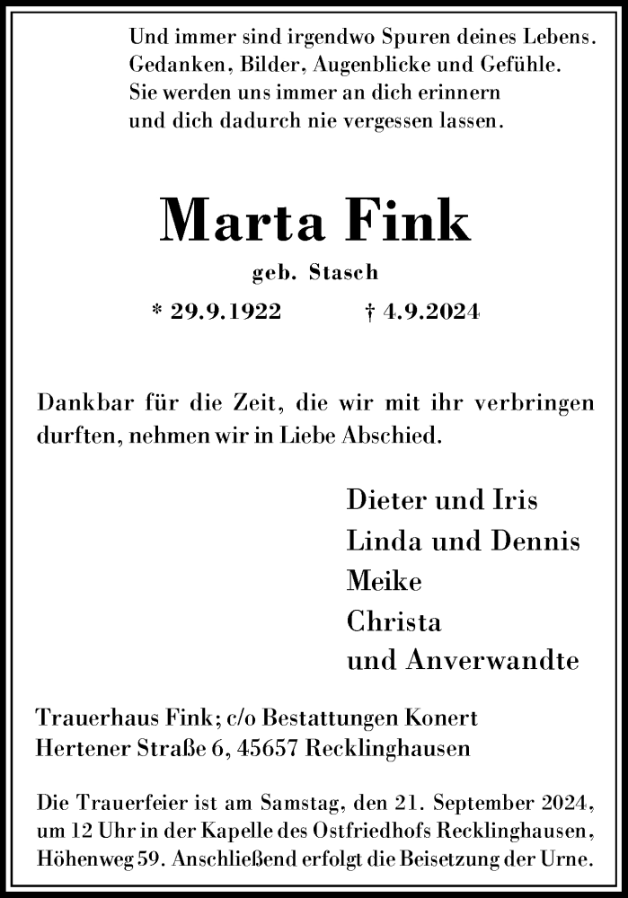  Traueranzeige für Marta Fink vom 14.09.2024 aus Trauer Vest