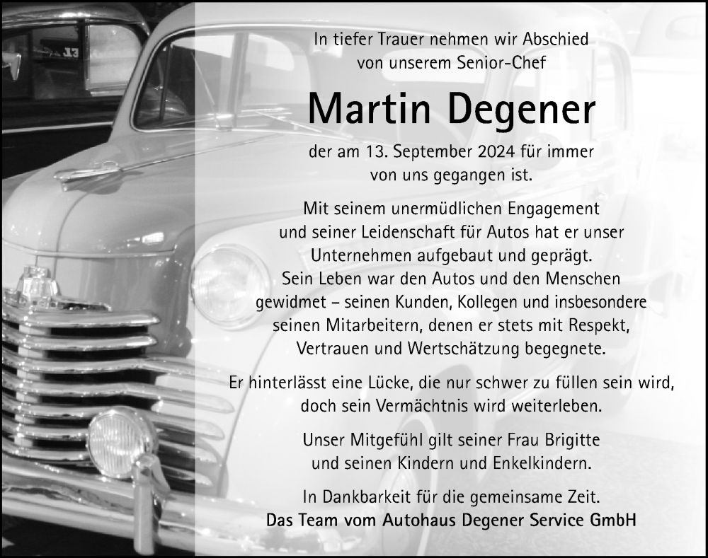  Traueranzeige für Martin Degener vom 18.09.2024 aus Münsterland Zeitung