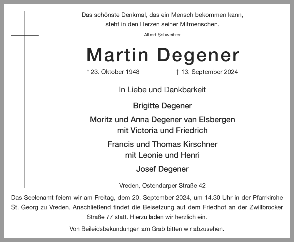  Traueranzeige für Martin Degener vom 17.09.2024 aus Münsterland Zeitung