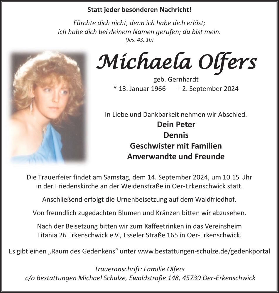  Traueranzeige für Michaela Olfers vom 07.09.2024 aus Trauer Vest