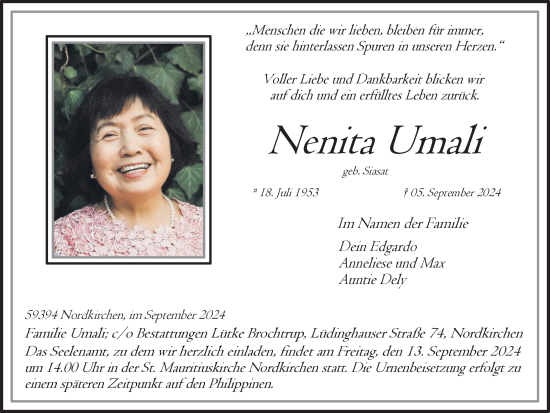 Traueranzeige von Nenita Umali von Ruhr Nachrichten