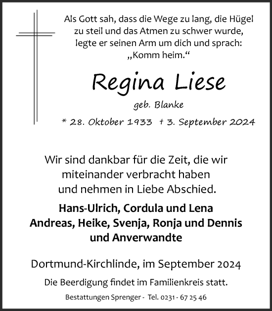 Traueranzeige von Regina Liese von Ruhr Nachrichten