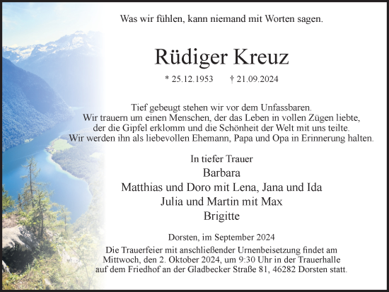 Traueranzeige von Rüdiger Kreuz von Ruhr Nachrichten und Dorstener Zeitung