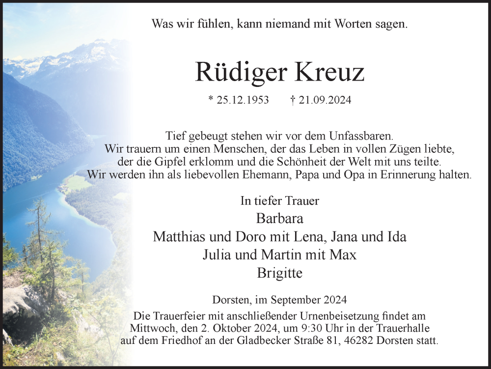  Traueranzeige für Rüdiger Kreuz vom 27.09.2024 aus Ruhr Nachrichten und Dorstener Zeitung