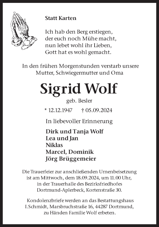 Traueranzeige von Sigrid Wolf von Ruhr Nachrichten