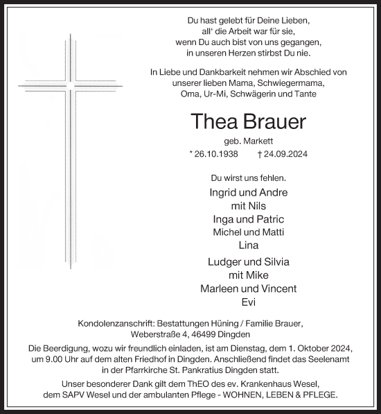 Traueranzeige von Thea Brauer von Bocholter-Borkener Volksblatt