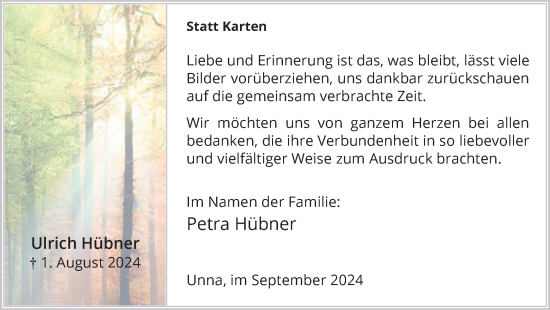 Traueranzeige von Ulrich Hübner von Hellweger Anzeiger