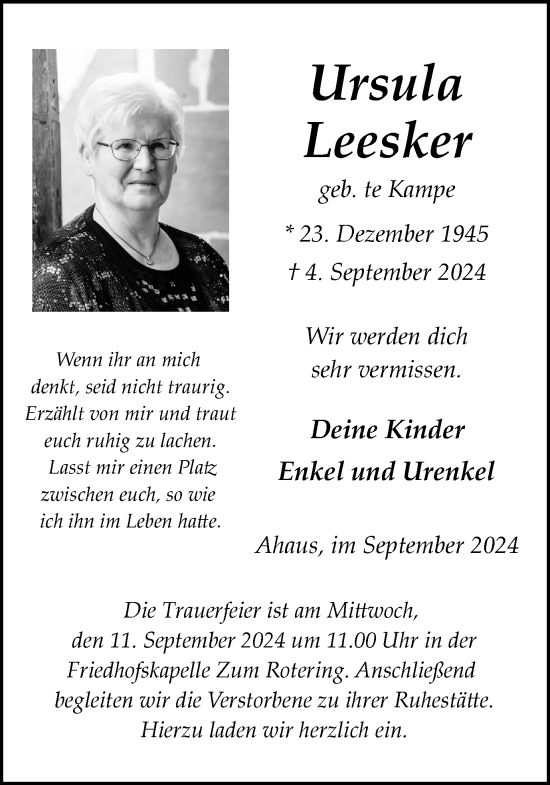 Traueranzeige von Ursula Leesker von Münsterland Zeitung