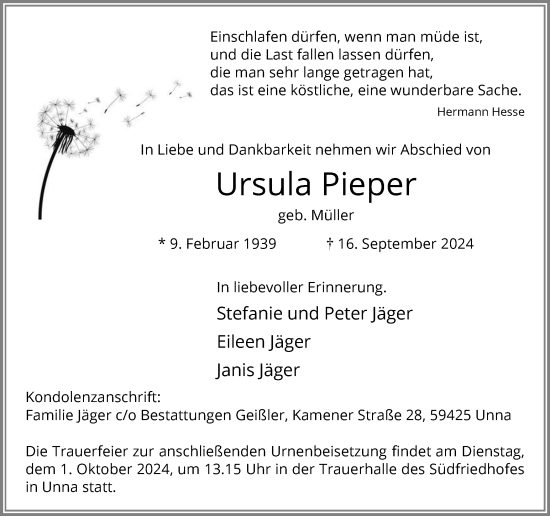 Traueranzeige von Ursula Pieper von Hellweger Anzeiger