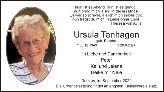 Traueranzeige von Ursula Tenhagen von Ruhr Nachrichten und Dorstener Zeitung