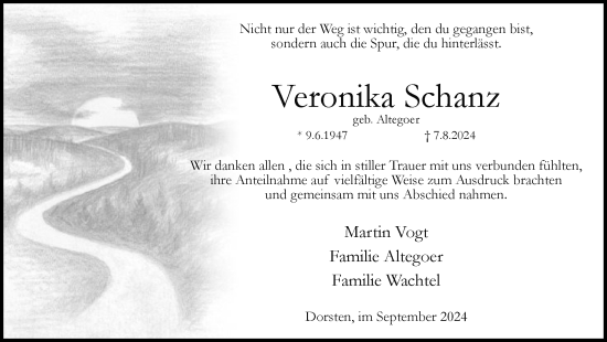 Traueranzeige von Veronika Schanz von Ruhr Nachrichten und Dorstener Zeitung