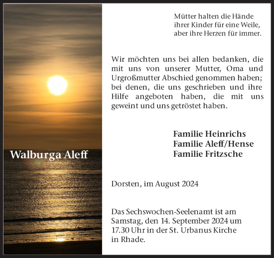 Traueranzeige von Walburga Aleff von Ruhr Nachrichten und Dorstener Zeitung